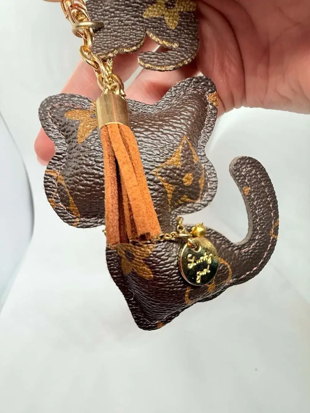 Unbranded Cat Keychain Monogram PU Leather Tassel Pendant Brown
